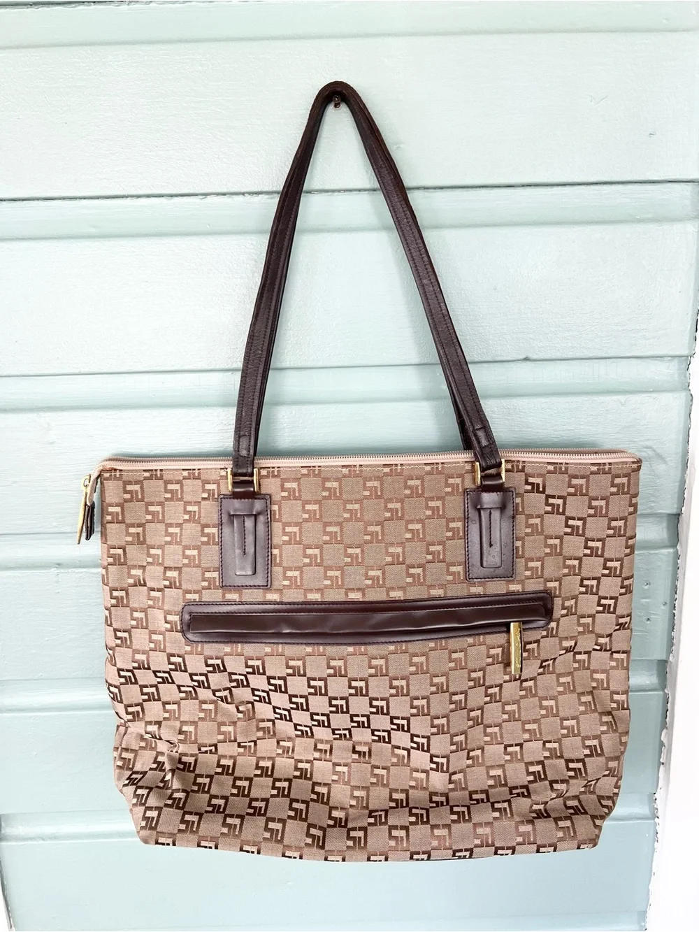 St. John vintage leather strap shoulder bag tote purse canvas house web fall